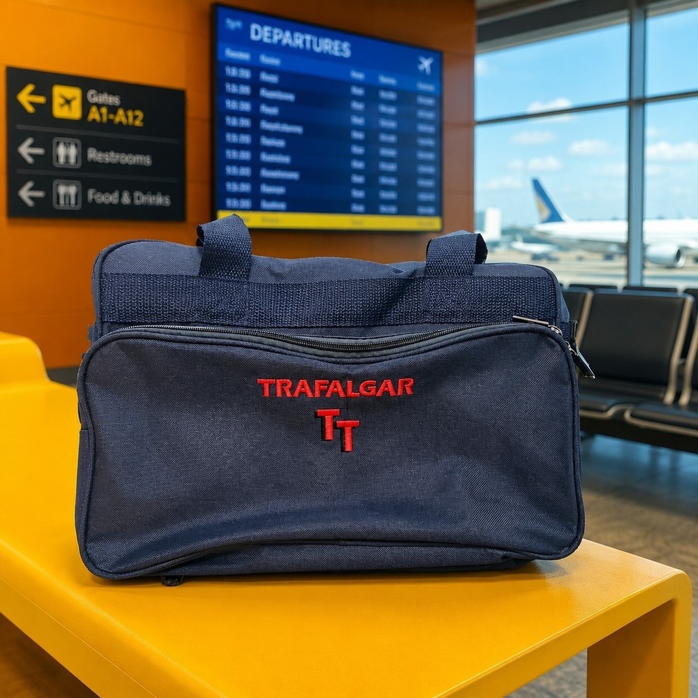 Trafalgar TT Tote Messenger Travel Bag Carry-On Navy Blue Embroidered Vintage